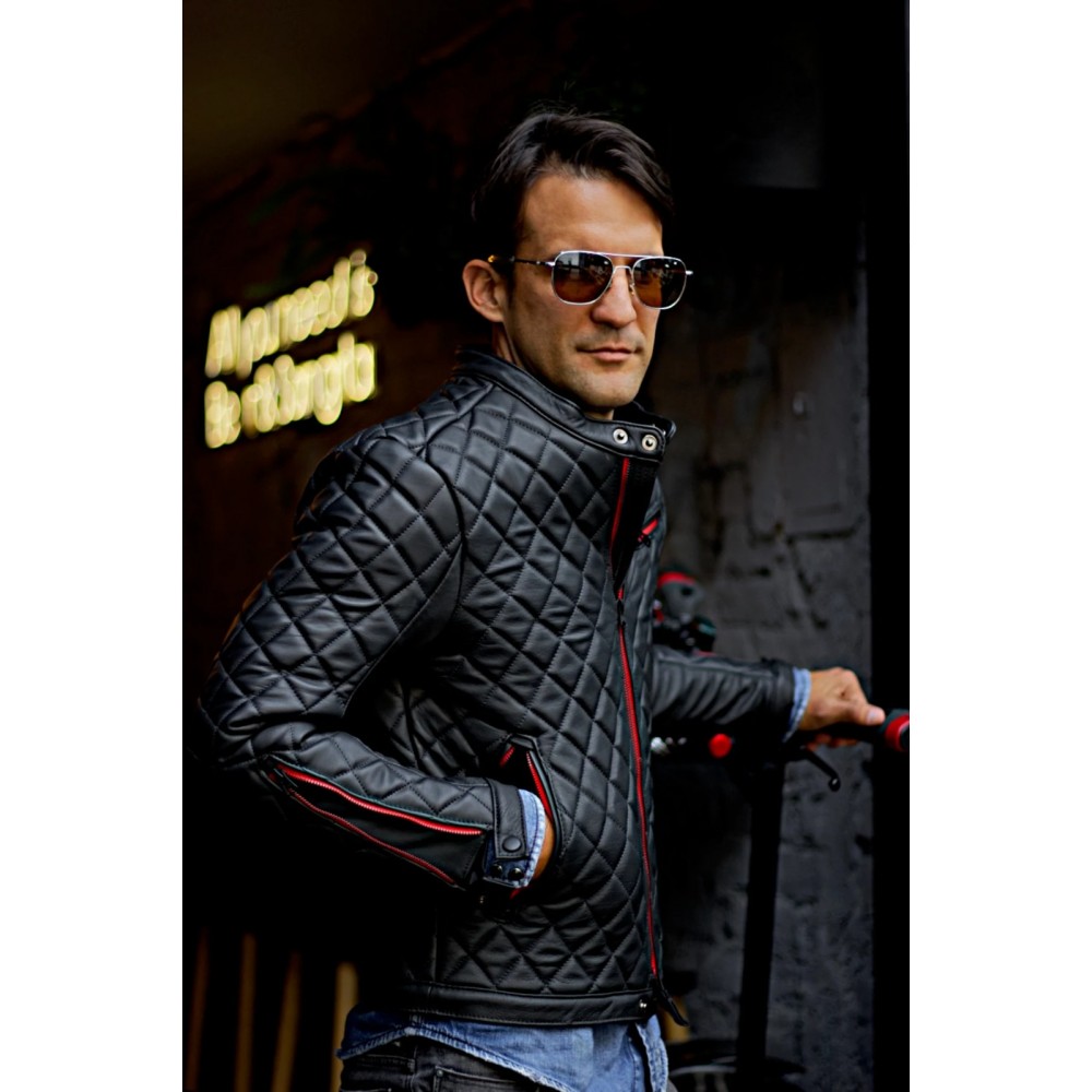 Men Quilted Leather Jacket Red Zipper | AmericaSuits